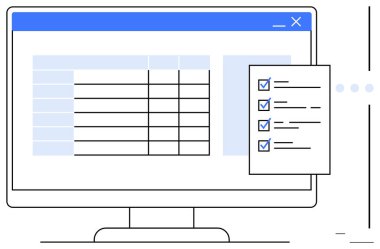 İşaretli görevleri olan bir listenin yanında bir tablo veya veri tablosunu gösteren masaüstü monitörü. Üretkenlik, görev takibi, planlama, organizasyon, iş akışı, veri analizi, takım çalışması için ideal. Düz