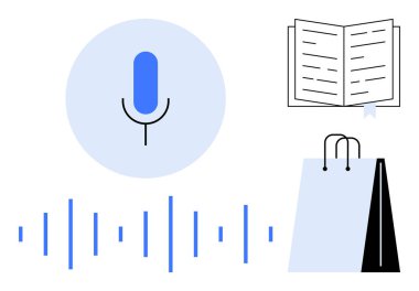 Mavi daireli mikrofon, ses dalgaları, açık kitap ve alışveriş çantası okuma, alışveriş ve yaratıcı görevlerle ses etkileşimini temsil eder. Teknoloji, eğitim, e-ticaret erişilebilirliği için ideal