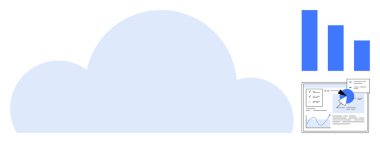 Mavi çizgili grafiklerin yanında bulut grafiği ve pasta grafiği ve çizgi grafiği olan bir gösterge paneli. Veri depolama, bulut hesaplama, analitik, iş raporları, istatistik, teknoloji, basit iniş için ideal