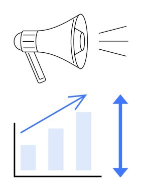 Ses yayan megafon, yukarı ve çift yönlü oklarla çizilen çubuk grafik büyümeyi, iletişimi ve nüfuzu simgeliyor. Pazarlama, iş, başarı, strateji liderlik için idealdir. Düz