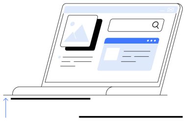 Arama çubuğu, resim küçük resmi ve içerik kartlarını gösteren dizüstü bilgisayar. Teknoloji, internet kullanımı, veri örgütü, çevrimiçi içerik dijital işyeri araştırması için idealdir. Düz basit metafor