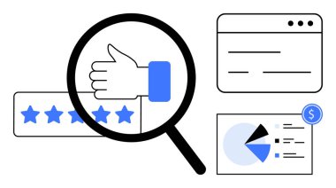 Baş parmaklar için büyüteç, yıldız derecelendirme sırası, tarayıcı penceresi ve dolar işareti ile çizelge. Geri bildirim, analitik, derecelendirme sistemleri, veri takibi, karar verme işi anlayışları için ideal