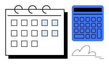 Hesap makinesi ve en az bulut şeklinin yanında seçili günlerle takvim. Program, bütçe, zaman yönetimi, etkinlik planlaması, verimlilik, organizasyon ve iş işleri için ideal. Düz basit