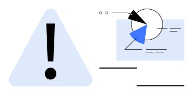 Üçgendeki büyük ünlem işareti bir pasta grafiği ve kritik analizleri ileten veri çizgileriyle eşleşti. Risk, uyarı, analiz, sorun, veri incelemesi, karar, uyarı kavramları için ideal