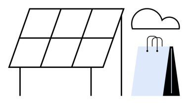 Güneş paneli yapısı alışveriş torbası ve bulutun yanında, çevre dostu uygulamaları, yenilenebilir enerji ve bilinçli tüketiciliği sembolize ediyor. Sürdürülebilirlik, yeşil yaşam ve eko-iş için ideal