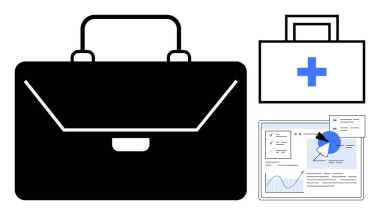 İşletmeyi simgeleyen siyah evrak çantası, sağlık hizmetleri için haçlı tıbbi çanta, veri için grafikli analitik panel ve pasta grafiği. İş, ilaç, veri analizi, araştırma, portföy için ideal