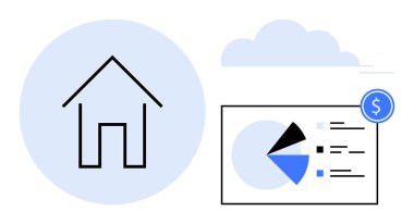 Bir pasta grafiğinin, bar grafiğinin ve dolar sembolünün yanında bulut depolama ile bağlantılı bir ev hattı. Gayrimenkul, finans, analitik, mülkiyet eğilimleri, bulut hesaplama yatırımları için ideal modern
