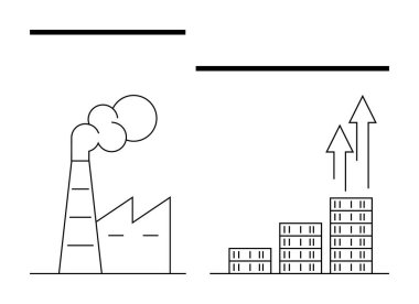 Duman emisyonlu fabrika ve yukarı doğru oklu çubuk grafiği büyümeyi gösteriyor. Sanayi eğilimleri, iş büyümesi, kalkınma, ekonomi, çevre, sürdürülebilirlik, soyut çizgi düz