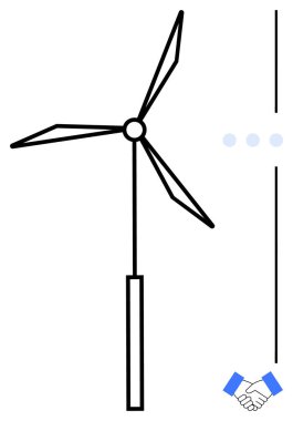 Rüzgar türbini, takım çalışmasını, sürdürülebilir enerjiyi ve çevresel çözümleri gösteren el sıkışma grafiğinin yanında. İşbirliği, sürdürülebilirlik, enerji projeleri, yenilik, çevre dostu