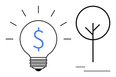 Mavi dolar işareti ve ağaç anahatlı ampul yaratıcılık, finansal başarı, sürdürülebilirlik, yenilik. Fikirler, enerji, ekonomi, çevre dostu kavramlar, büyüme ve yeşil için ideal