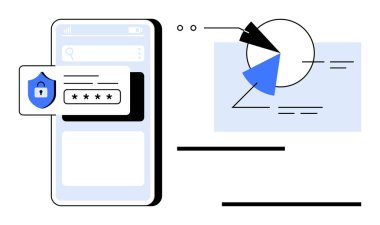 Giriş ekranı, parola alanı ve pasta grafiği ve veri çizgilerinin yanında asma kilit simgesi olan cep telefonu. Siber güvenlik, veri koruması, analitik, teknoloji, mobil uygulamalar ve kullanıcı için ideal