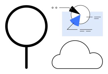 Pasta grafiği diyagramı ve bulut depolama ile veri içgörülerine odaklanan büyüteç. Analiz, bulut hesaplama, araştırma, büyük veriler, veri yönetimi, teknoloji, otomasyon için ideal. Modern daire