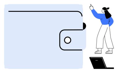 Kadının işaret ettiği dijital cüzdan ve yakınlarda dizüstü bilgisayar. Finans, teknoloji, e-ticaret, eğitim, yenilik, dijital güvenlik ve sanal ödemeler için ideal. Düz basit metafor