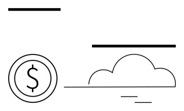 Geometrik çizgileri olan bulut resimlerinin yanında minimalist dolar parası. Finans, teknoloji, tasarruf, büyüme, yenilik, yatırımlar, dijital ekonomi için ideal. Düz basit metafor