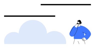 Mavi kazaklı biri açık mavi bulutların ve siyah yatay çizgilerin yanında kafa yoruyor. Yaratıcılık, beyin fırtınası, strateji, bulut hesaplama, problem çözme, yenilik, dijital çözümler için ideal