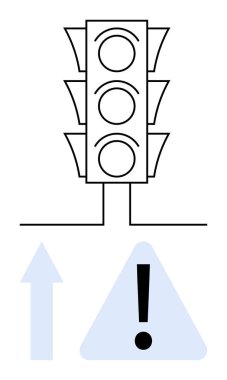 Trafik ışığı, üç boş daire, yukarı doğru ok ve uyarı üçgeni. Trafik navigasyonu, dikkat, güvenlik, rehberlik, kararlar ve düzen kavramları için idealdir. Düz basit metafor