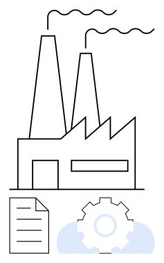 Üretimi sembolize eden, imalatı, süreci optimizasyonu, otomasyonu, teknoloji entegrasyonunu, endüstriyi, üretim dairesini simgeleyen buhar, kağıt belge, teçhizat ve bulut yayan bir fabrika.