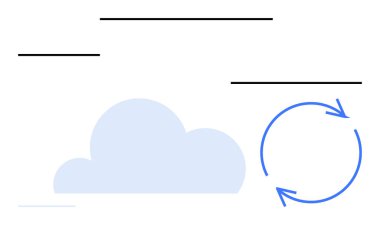 Mavi bulut ve dairesel oklar bulut teknolojisini, senkronizasyonu ve veri alışverişini sembolize ediyor. Teknoloji, depolama, iletişim, işbirliği, bağlantı, yenilik için ideal düz metafor