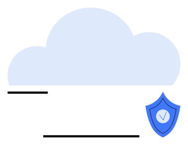 Güvenli bulut depolama, mahremiyet, veri güvenliği, siber güvenlik ve güveni simgeleyen işaretli bir kalkan. Veri koruması, bilişim güvenliği, bulut bilgisayarı ve gizlilik güveni için ideal
