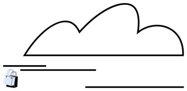 Yatay minimalist çizgilerle kaplı büyük bulut ana hatları üsteki alışveriş çantasıyla birlikte hareket ettiğini gösteriyor. E-ticaret, bulut depolama, veri transferi, çevrimiçi alışveriş, hız, modern tasarım için ideal