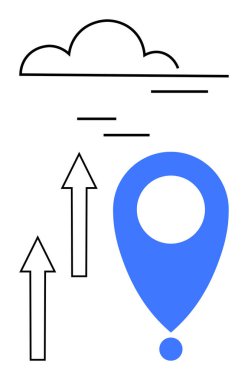Mavi konum işareti, yukarı doğru üç ok en az bulutu gösteriyor. Navigasyon, büyüme, ilerleme, hareket kabiliyeti, yenilik, dijital dönüşüm, uzaktan çalışma için idealdir. Düz basit metafor