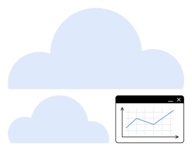 Bir tarayıcı penceresinde analitiği temsil eden veri grafiği içeren mavi bulutlar. Bulut depolama, veri analizi, teknoloji, iş büyümesi, yenilik, planlama, çevrimiçi hizmetler için ideal