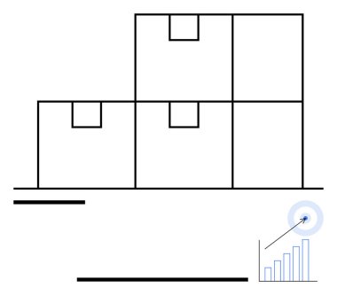 Yığılmış kutular, lojistik ve depolamayı sembolize ediyor. Gelişmeyi gösteren büyüyen bir çizelgeyle eşleştiriliyor. Ticari büyüme, lojistik, ekonomi, depo yönetimi, tedarik zinciri, verimlilik, daire için ideal