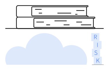 RISK blokları dikey sıralanmış mavi bir bulutun üzerinde kitap yığını. Eğitim, veri depolama, bulut hesaplama, karar verme, planlama, araştırma, güvenlik analizi, soyut çizgi