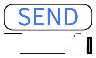 E- posta, mesajlaşma ve iletişimi temsil eden basit bir evrak çantası ikonu eşliğinde büyük bir dijital SEND düğmesi tasarımı. Posta, iş, kariyer, görev, bağlantı iş akışı için ideal