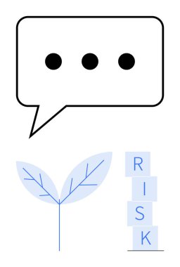 Elipsli konuşma balonu, filizlenen bir bitki ve tartışmayı, büyümeyi, karar vermeyi ve risk yönetimini sembolize eden RISK blokları istiflendi. Planlama, strateji ve büyüme diyaloğu için ideal