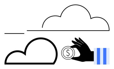 Soyut bulut simgesinin yanında dolar işareti olan el ele tutuşan bozuk para. Dijital finans, çevrimiçi tasarruf, bulut hesaplama, yatırım, teknoloji, yenilik, iş büyümesi için ideal. Düz basit metafor
