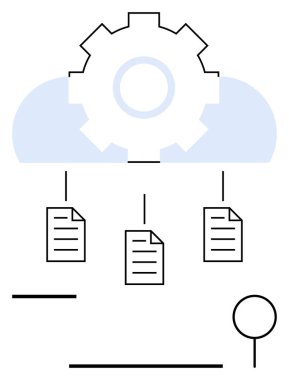 Üç bağlı belgenin üzerindeki teçhizat, otomasyon ve bulut deposunu temsil ediyor. Teknoloji, otomasyon, veri yönetimi, bulut hizmetleri, yenilik, verimlilik için ideal
