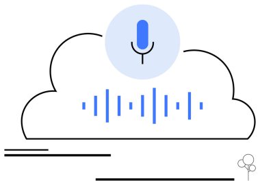 Mikrofon simgesi ve ses dalgası sinyalleri, bulut anahatları üzerinden sesli bulut hizmetlerini temsil ediyor. Yapay zeka, iletişim, bulut depolama, teknoloji, yenilik ve ses işleme için ideal