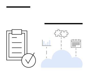Üzerinde tik işareti olan görev listesi, bulmaca parçaları, çubuk grafiği ve takvim. Üretkenlik, görev planlaması, bulut depolama, takım çalışması, proje izleme entegrasyonu ve soyut