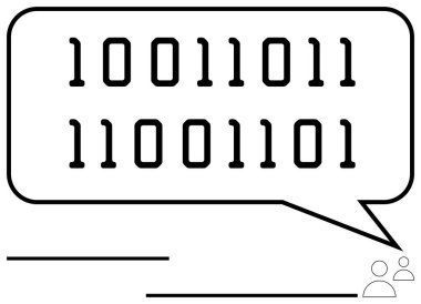 Bir konuşma balonunda gösterilen ikili kod dijital iletişimi, veri alışverişini ve kodlamayı temsil ediyor. Teknoloji, programlama, iletişim, ağ, eğitim ve yenilik için ideal