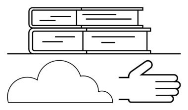 Bilgi, öğrenme, paylaşma, dijital erişim, eğitim, işbirliği ve iletişimi sembolize eden açık bir ana hatlı kitap yığını. Eğitim ve e-öğrenim bulutu için ideal