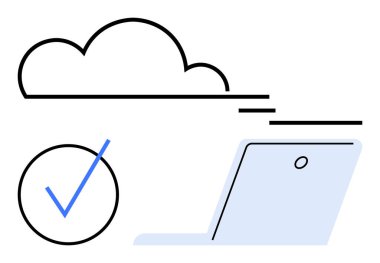 Dizüstü bilgisayarın üstünde bulut simgesi var. Tamamlandığını ya da onaylandığını gösteren bir işaret var. Teknoloji, veri depolama, verimlilik, çevrimiçi hizmetler, bulut çözümleri, bağlantı, dijital ilerleme için ideal. Düz