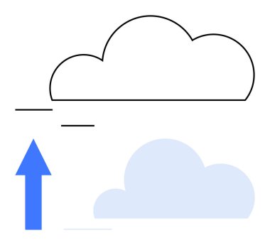 Mavi yukarı doğru giden ok ana hatlı bir bulutu gösteriyor, göndermeyi, aktarmayı ya da bulut hesaplamasını sembolize ediyor. Teknoloji, veri, depolama, taşınabilirlik yeniliği dijital dosya iletişimi için ideal. Düz basit