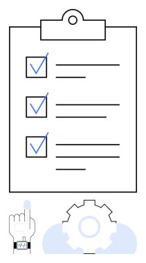 İşaretli görevleri olan pano kontrol listesi, otomasyon için teçhizat, akıllı seğirme ve el tıklatma. Üretkenlik, planlama, zaman yönetimi, iş akışı, teknoloji, organizasyon için ideal düz metafor