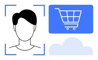 Minimum insan yüzü çizgisi, sepet simgesi ve bulutun yanında tarandı. E-ticaret, teknoloji, güvenlik, kimlik, perakende, biyometri ve yenilik için ideal. Düz basit metafor