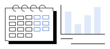 İstatistikleri gösteren bir çubuk grafiğinin yanında mavi işaretli günleri olan bir takvim aç. Program, organizasyon, planlama, veri takibi, raporlama, verimlilik, iş stratejisi için ideal. Düz