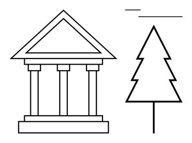 Simgesel sütunlarla sadeleştirilmiş klasik bina minimalist bir yeşil ağacın yanında. Temalar için ideal miras, denge, tarih, çevre, eğitim, sürdürülebilirlik ve tasarım