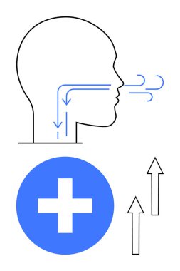 Hava akışı gösteren insan kafası, mavi tıbbi haç sembolü, yukarı bakan oklar. Sağlık, solunum sağlığı, tıbbi araştırmalar, nefes egzersizleri, sağlık ve iyileşme süreci için ideal