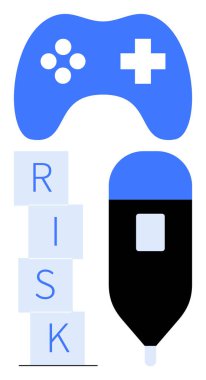 Mavi oyun kumandası ve kan şekeri monitörü yığılmış blokların yanında RISK yazılıyor. Sağlık bilinci, gamifikasyon, tıp eğitimi, diyabet yönetimi, davranış sorunları, risk için ideal