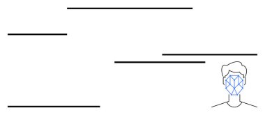 Geometrik kaplamalı insan yüzü yüz tanımayı sembolize eder. Yatay çizgiler modern tarz ekler. Teknoloji, biyometrik güvenlik, yapay zeka, dijital kimlik, kimlik doğrulama, yenilik için ideal