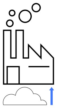 Fabrika çizgili duman yayıyor, çizgili bulut ve yukarı doğru ilerleyen parlak mavi ok. Kirlilik, sanayi, büyüme, yenilik, sürdürülebilirlik, çevresel etki, değişim için ideal