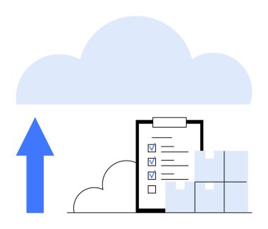 Bulut ve yukarı doğru ok veri yüklemesini gösteriyor. Kontrol listesi, istiflenmiş kutular dahil. Bulut teknolojisi, veri depolama, lojistik, planlama, organizasyon verimliliği için ideal iş akışı. Düz basit