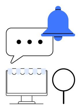 Noktalı konuşma balonu, mavi zil simgesi, sekmeli masaüstü monitörü, büyüteç. İletişim, alarmlar, arama için idealdir. Verimlilik dijital etkileşimlerini hatırlatır. Düz basit