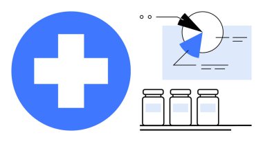 Tıbbi haç, aşı tüpleri ve turta dilimleri ve çizgilerle analitik çizelgeler. Sağlık, ilaç, aşı, istatistik, veri görselleştirme, sağlık hizmeti pazarlaması için idealdir. Düz