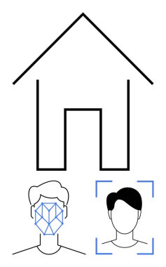 Yüz tanıma teknolojisi yüzleri tarayan bir evin taslağı. Güvenlik için ideal, akıllı ev, yapay zeka, biyometri, tanımlama, teknoloji konseptleri, düz basit metafor